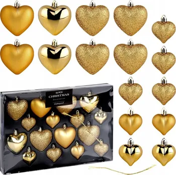 Vánoční dekorace Zlaté Vánoční Baňky ve Srdíčka srdce, 16 ks – Plast 65 mm a 45 mm