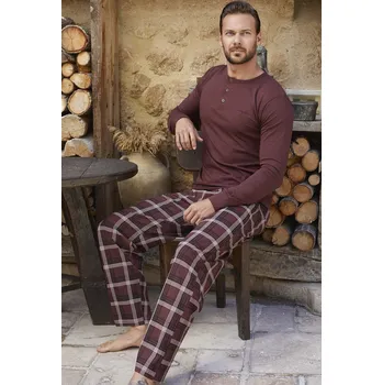 Pánské pyžamo Vínové a šedé kárované luxusní pyžamo pro muže s knoflíky u krk 1P1788 vínová s