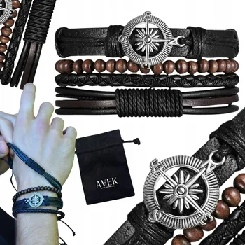 Náramek PÁNSKÝ NÁRAMEK KOŽENÝ S KORÁLKY SADA HNĚDÝ KOMPAS JAKO DÁREK