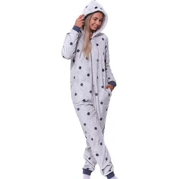 Dámské pyžamo Šedý puntíkaty huňatý extra teplý overal s kapucí pro ženy či dívky 1Z1665 šedá xxl