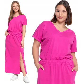 Dámské šaty ŠATY MAXI DÁMSKÉ BAVLNĚNÉ HLADKÉ S VÝSTŘIHEM DO V MORAJ HLADKÉ RŮŽOVÉ L
