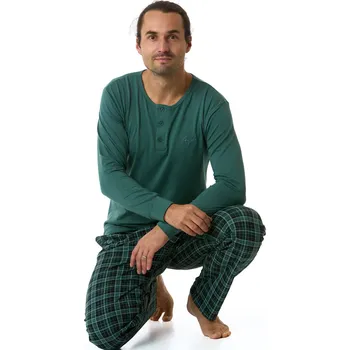 Pánské pyžamo Zelené a černošedě kárované luxusní pyžamo pro muže s knoflíky u krk 1P1790 zelená s