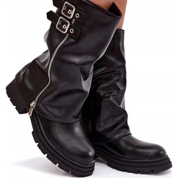 Dámská zimní obuv DÁMSKÉ KOTNÍKOVÉ BOTY Z EKO KŮŽE S OHRNUTÝM SVRŠEK, ZATEPLENÉ, S PŘEZKAMI, ČERNÉ, VELIKOST 38