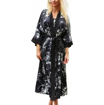 Dámský župan Župan Župan Sicily XXL 2XL Černý Saténový Černý Satén Květiny Sexy