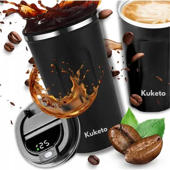 Termoska Termohrnek termos černý na kávu, čaj z nerezové oceli s LCD displejem 450 ml černá