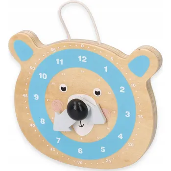 Hodiny Hodiny hračka pro děti Medvídek dřevěné AdamToys kulatý 14 cm ciferník