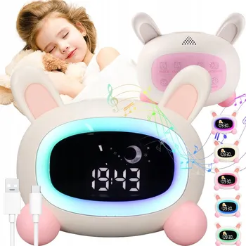 Budík BUDÍK KRÁLÍK CHYTRÝ PRO DĚTI S REŽIMEM DEN A NOC A BÍLÝM ŠUMEM