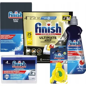 Přípravek do myčky Finish Starter pack - Ultimate Plus All in 1 kapsle do myčky 25 ks Citron Sůl 1,5 kg Leštidlo 400 ml Osvěžovač Čistič myčky 250 ml
