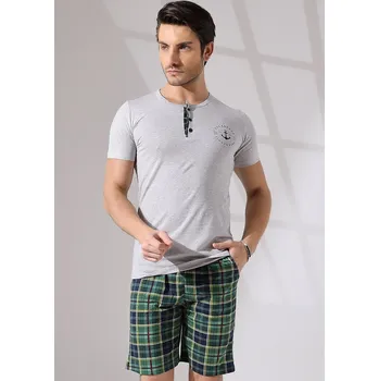 Pánské pyžamo Šedé i zelené kárované pyžamo pro muže s kraťasy, lodní kotva 1P1741 zelená s