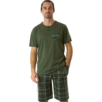 Pánské pyžamo Zelené a šedě kárované pánské pyžamo s krátkým rukávem a kraťasy s knoflíky u krku - Revolution 1P1959 zelená s