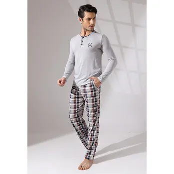 Pánské pyžamo Šedé i vínové kárované pyžamo pro muže na knoflíky u krku s Pavoukem 1P1754 šedá s