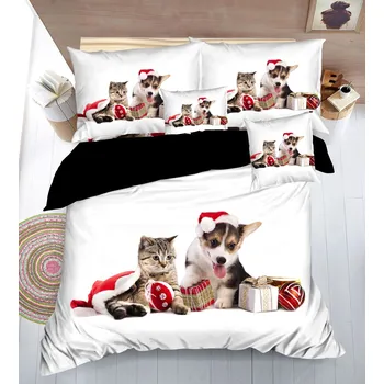 Povlečení Novinka 2025! Sada vánočního povlečení s 3D efektem pro 2 postele 140x200/70x90 cm – VÁNOCE / MERRY CHRISTMAS KOTĚ A ŠTĚNĚ + prostěradlo zdarma
