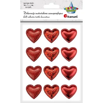 samolepka Titanum Dekorace textilní, samolepící srdíčka, červené, mix, 32x30mm, 12ks/bal.