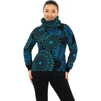 Dámská mikina Himalife Hřejivá mikina na zip s maxi límcem Sari - černá s tyrkysovou a modrou Velikost: M