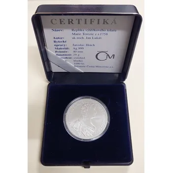 Česká mincovna Stříbrná replika výtěžkového tolaru Marie Terezie 1758 – ražba 2003 29 g