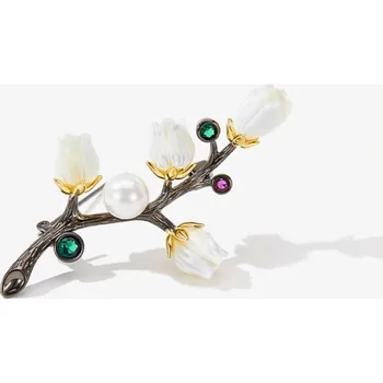 Brož Éternelle Brož s motivem květin a perlou na černé větvičce B8162-XC06866B201 Černá Bílá