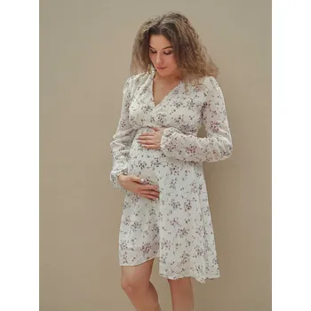 Těhotenské šaty Elegantní šifonové těhotenské a kojicí šaty Solenne 3v1 – bílé s fialovými kvítky, dlouhý rukáv Velikost: S