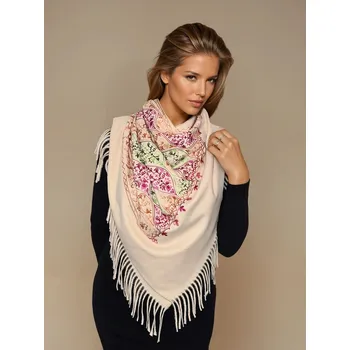 Šála Classic Scarf Vyšívaná kašmírová slonovinová šála - přírodně světle béžová s barevnou bordurou