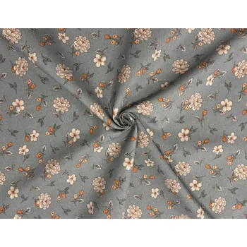 Bavlna režná bílé květy na šedomodré