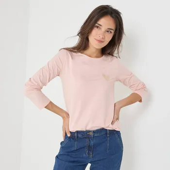 Dámská móda Jednobarevné tričko s dlouhými rukávy a nášivkou srdíčka světle růžová 34/36