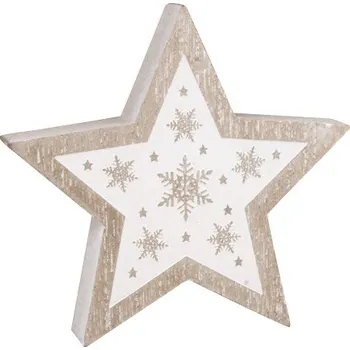 Vánoční ozdoba Anděl Přerov Hvězda s bílým potiskem dřevěná na postavení 12 x 12 x 2 cm