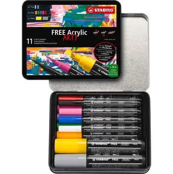 Výtvarná sada Akrylový popisovač STABILO FREE Acrylic - startovací sada 11 ks se 3 různými hroty - mix barev