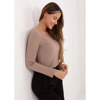 Dámská tunika Béžová žebrovaná halenka s výstřihem do V a knoflíky RV-BZ-