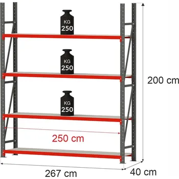 Dílenský regál Regalydoskladu Kovový skladový regál se 4 policemi FORTIS 200x267x40 cm, základní modul
