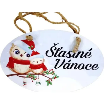 Vánoční dekorace Bondecor Vánoční dřevěná dekorace - ovál "Šťastné Vánoce - sovičky" 18x11cm