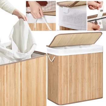 Koš na prádlo SONGMICS koš na prádlo z bambusu se 3 přihrádkami a víkem