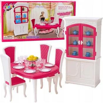 Doplněk pro panenku Jídelní Set pro Panenky: Stůl, Židle, Příborník, Nádobí