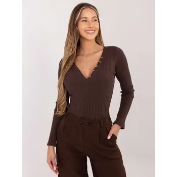Dámská tunika Hnědá žebrovaná halenka s výstřihem do V a knoflíky RV-BZ-