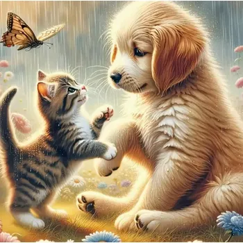 Diamantové malování Diamantové malování - Pejsek a kočička + perleťové kamínky (50 x 50)