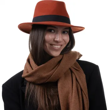 Klobouk Fiebig - Headwear since 1903 Cestovní nemačkavý klobouk vlněný od Fiebig - zrzavý s černou stuhou Velikost: 55 cm (S)