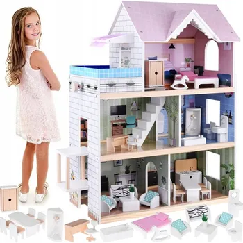 Domeček pro panenku Dřevěný domeček pro panenky s nábytkem, výtahem a bazénem LED Jokomisiada