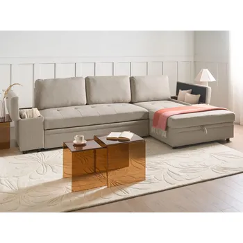 Pohovka Rohová rozkládací pohovka bílá buklé čalouněná pravostranná s úložným prostorem Beliani