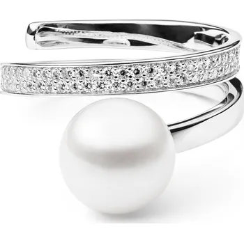 Prsten ANNA PERLY Elegantní stříbrný spirálový prsten s pravou bílou perlou a zirkony Velikost prstenu: 59, Barva perly: bílá