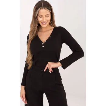 Dámská tunika Černá žebrovaná halenka s výstřihem do V a knoflíky RV-BZ-
