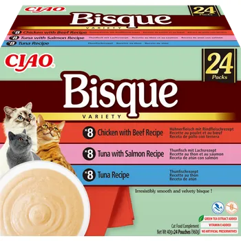 INABA Cat Ciao Bisque - Krémová polévka s kuřecím, hovězím, tuňákem a lososem, 24x40g