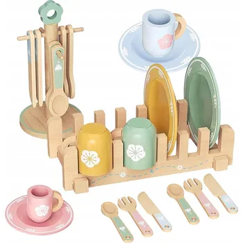 Dětská kuchyňka Montessori kuchyňské nádobí pro děti, dřevěná sada 22 ks – Čajová souprava