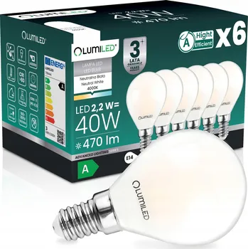 Žárovka 6x LED ŽÁROVKA E14 FILAMENT TŘÍDA A 2,2W 470LM = 40W 4000K 360° KULIČKA