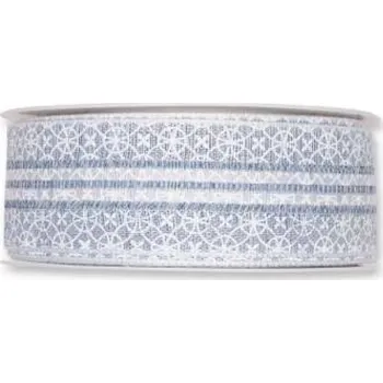 Stuha Potištěná pruhovaná stuha s květinovým ornamentem modrá 35mm x 15m