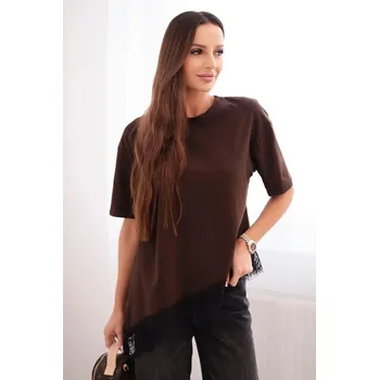 Dámská halenka Dámská asymetrická bavlněná blůza s krajkou dole hnědá UNI