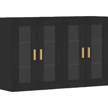 Komoda Černá nástěnná skříňka 69,5 x 34 x 90 cm, dřevěný kompozit, se skleněnými dvířky