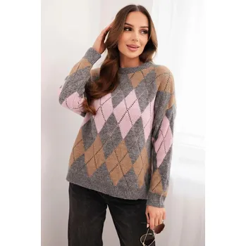 Dámský svetr Svetr dámský s ajurem a kulatým výstřihem v diamond s vlnou šedý UNI