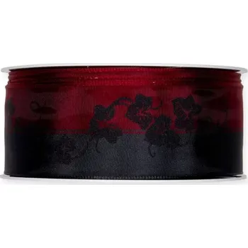 Stuha Lesklá smuteční stuha s potiskem břečťanu a drátěným okrajem červená 40mm x 20m