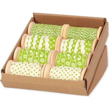 Stuha Mix 8 bavlněných stuh na dřevěných cívkách zelená 6 x 5m + 2 x 25m