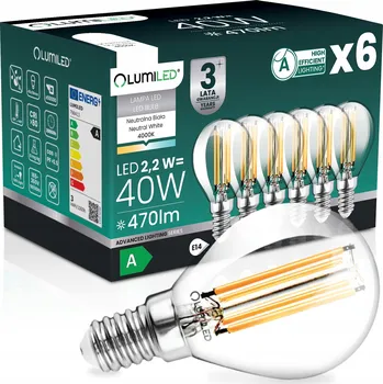 Žárovka 6x LED ŽÁROVKA E14 FILAMENT TŘÍDA A 2,2W 470LM = 40W 4000K 360° KULIČKA