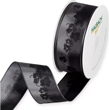 Stuha Lesklá smuteční stuha s potiskem břečťanu a drátěným okrajem šedá 40mm x 20m