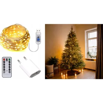 Vánoční dekorace VÁNOČNÍ OSVĚTLENÍ NA STROMEČEK LED ŘETĚZ S DÁLKOVÝM OVLÁDÁNÍM USB + NAPÁJECÍ ADAPTÉR TEPLÁ BÍLÁ 10m